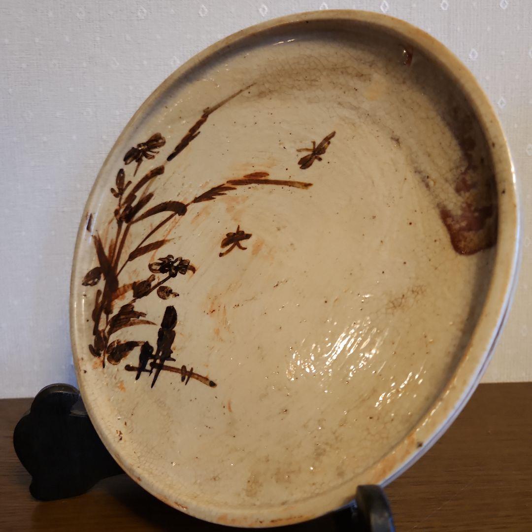 慶應　江戸後期　絵瀬戸　鉄絵　石皿 秋草行灯皿　油皿