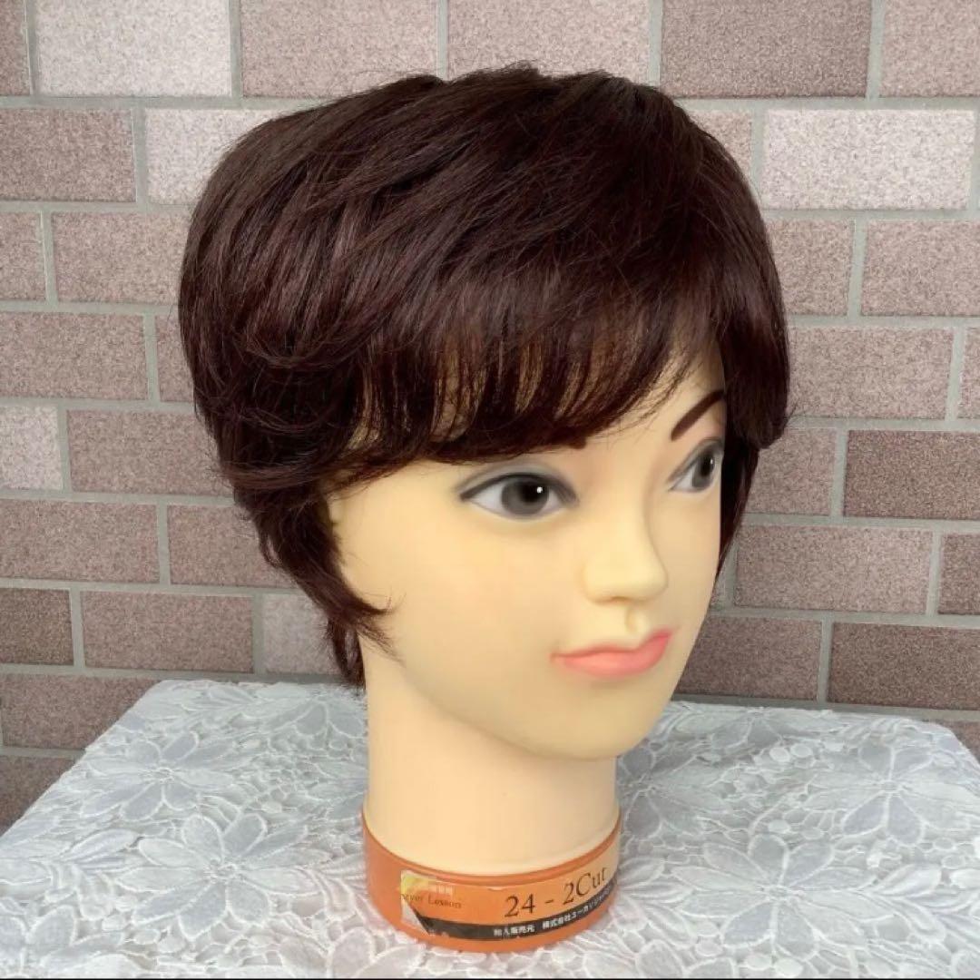 人毛100% 手植えフルウィッグ 医療ウィッグ ショートカール ダークブラウン