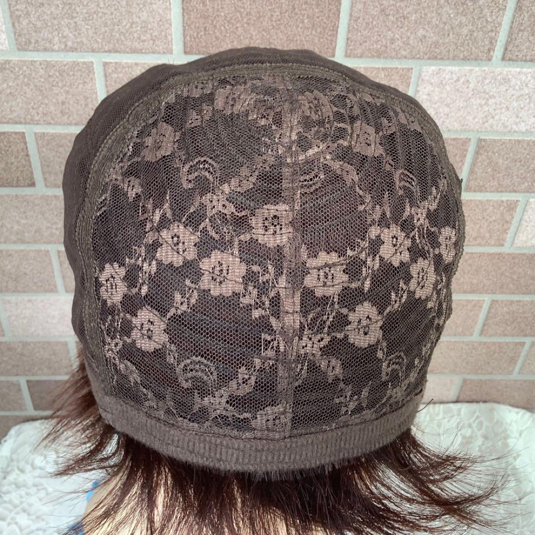 人毛100% 手植えフルウィッグ 医療ウィッグ ショートカール ダークブラウン