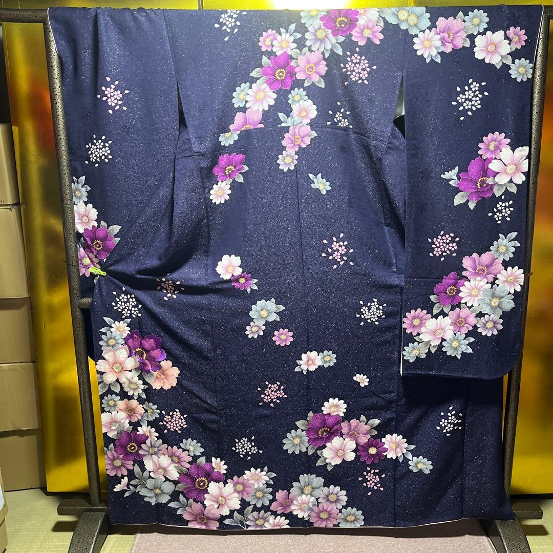 振袖　正絹　成人式　銀通し　紺