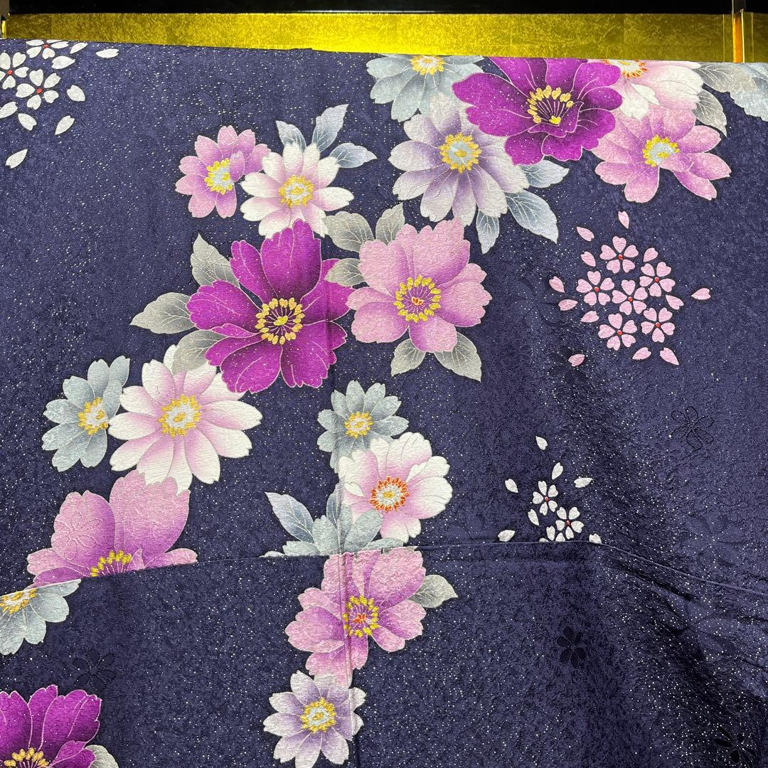 振袖　正絹　成人式　銀通し　紺