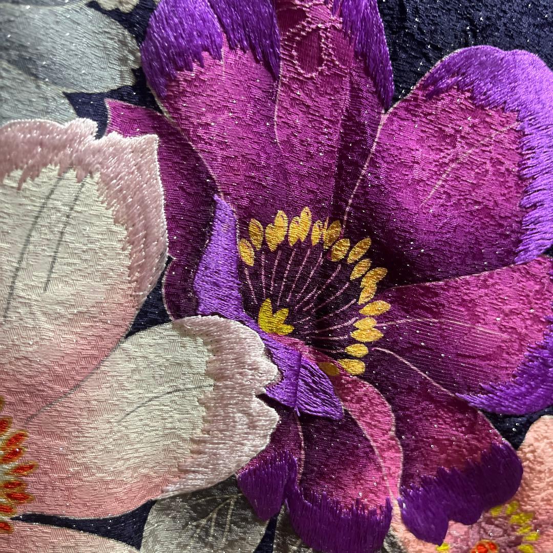 振袖　正絹　成人式　銀通し　紺