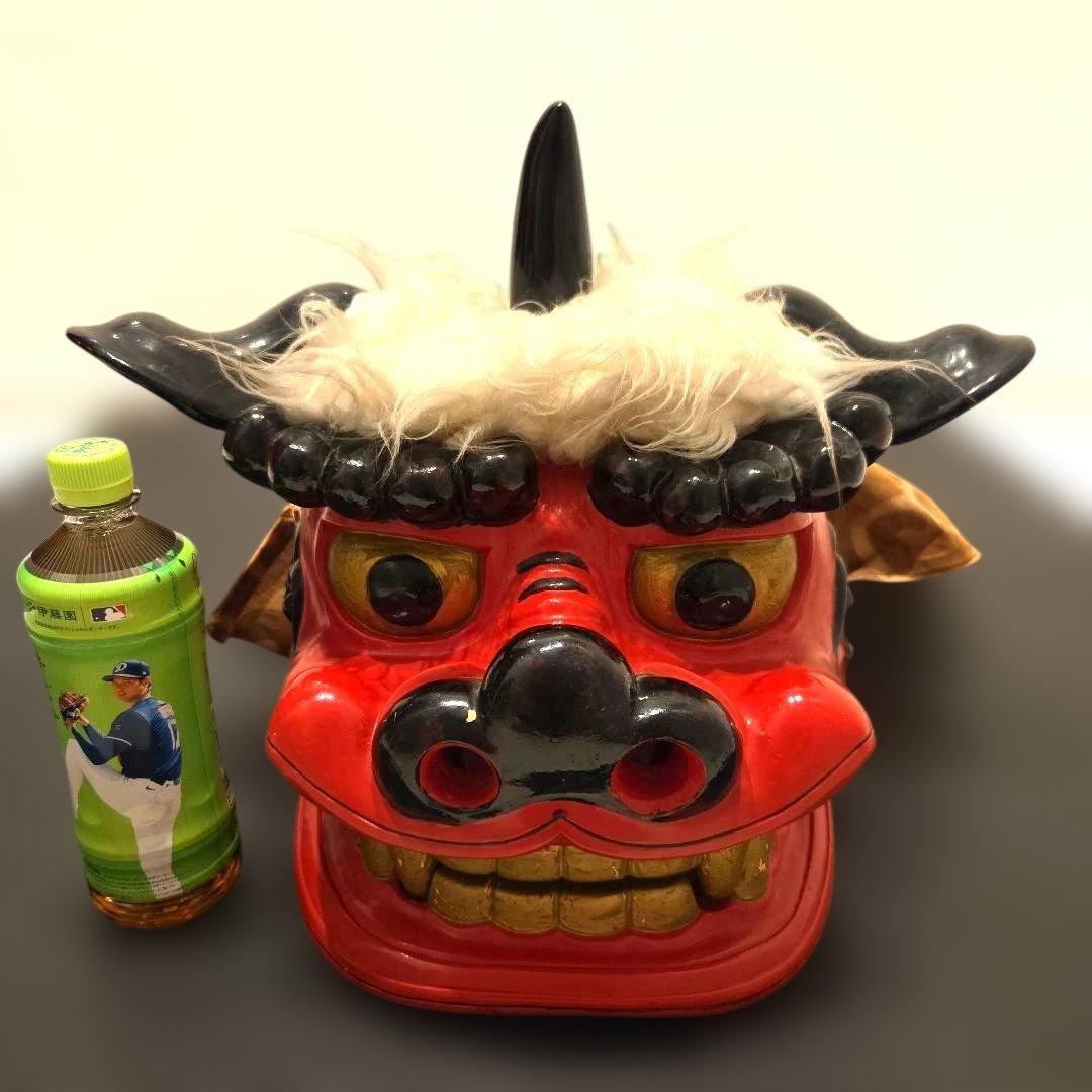 旧家蔵出 大振 獅子頭 雄 木彫 獅子舞い 彫刻 朱塗 漆塗