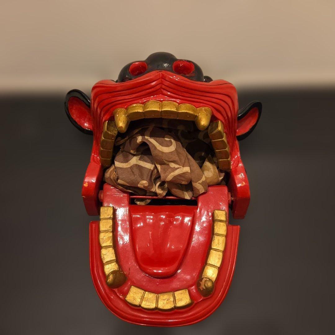 旧家蔵出 大振 獅子頭 雄 木彫 獅子舞い 彫刻 朱塗 漆塗