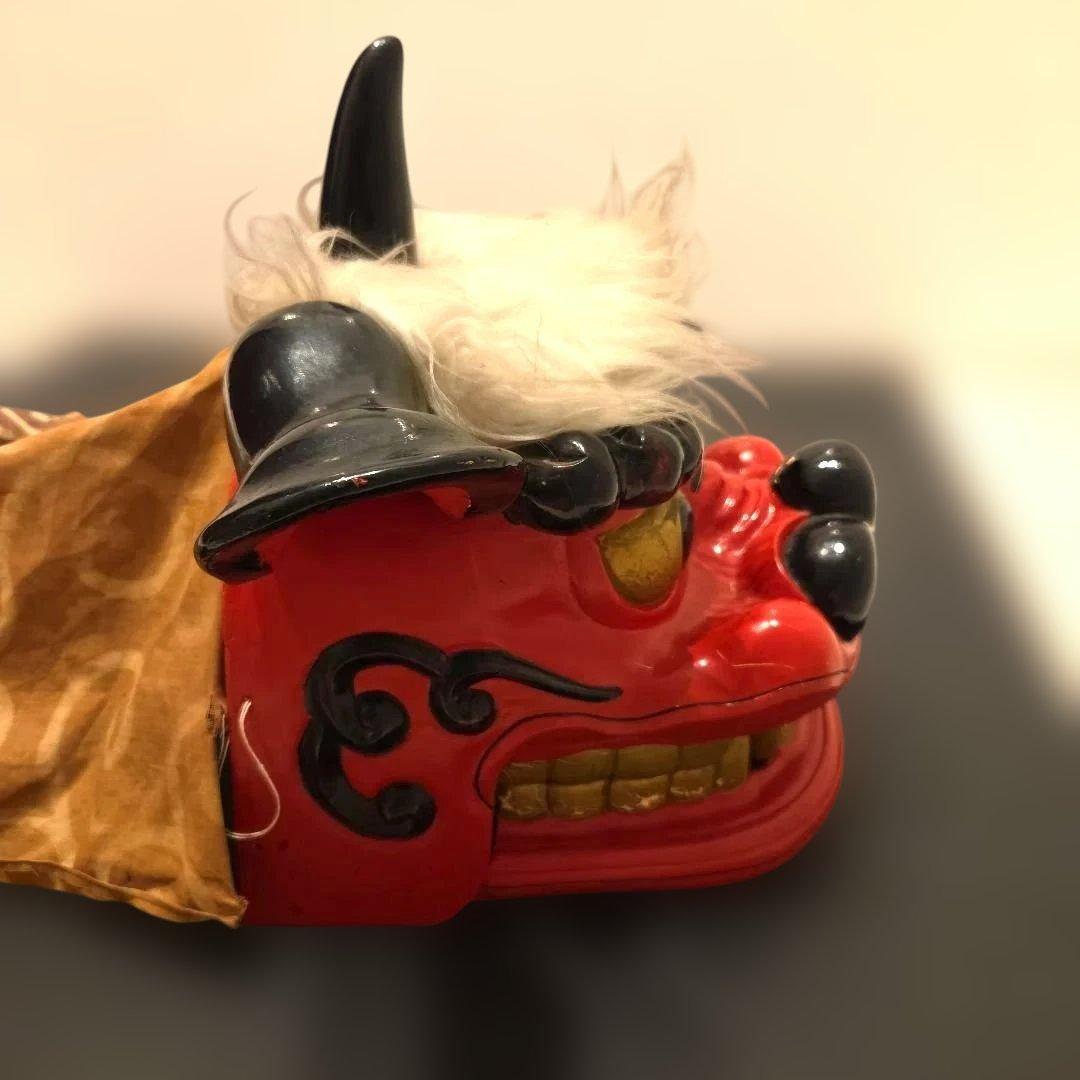 旧家蔵出 大振 獅子頭 雄 木彫 獅子舞い 彫刻 朱塗 漆塗