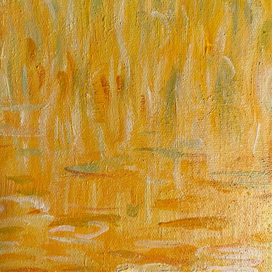 ★秀作★ 手書き油絵 クロード・モネ 睡蓮の池 黄金色 絵画 額付き 油彩画