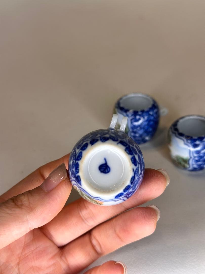染付 色絵 鳥用 食器 小杯 三点 鳥餌入れ 古美術