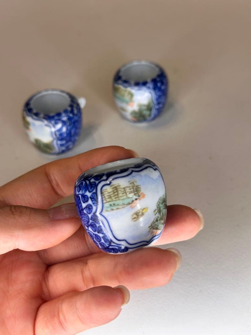 染付 色絵 鳥用 食器 小杯 三点 鳥餌入れ 古美術