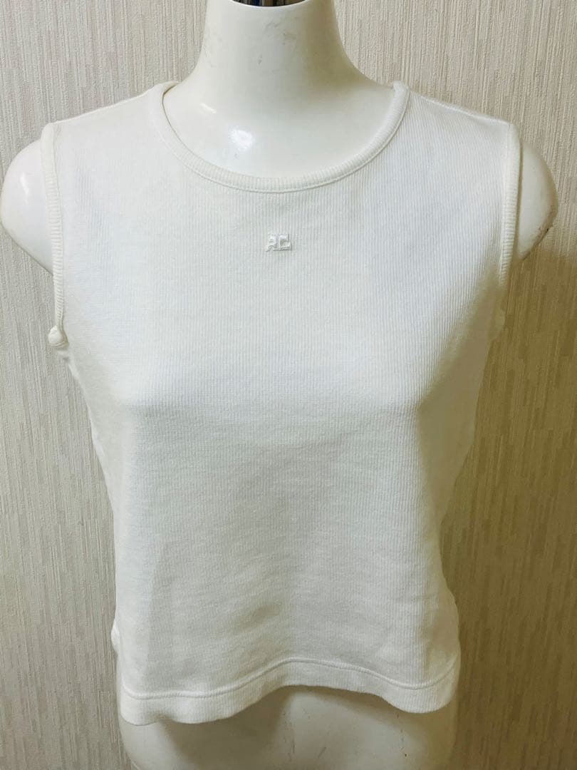 美品　クレージュ ロゴ リブ編み ホワイト タンクトップ