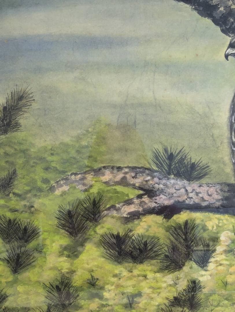 【真作】絵画　日本画　静寂の森の鷹　伝統技法による自然美　精緻な描写　V90