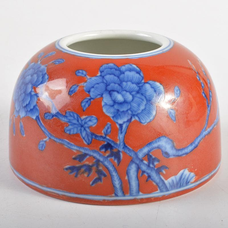 中国　大清雍正年製　紅地青花花文　水孟　筆洗　V　R6233E