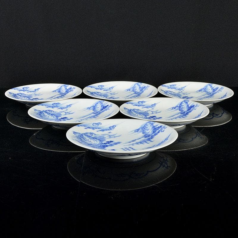 肥前平戸焼　嘉祥作　染付　漢詩山水画　六寸皿　六客　共箱　M　R4532B