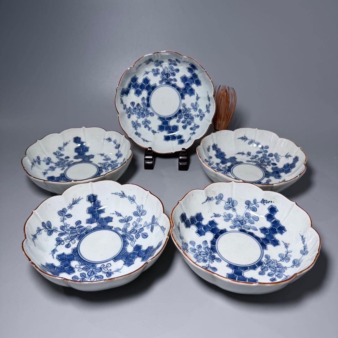 古伊万里　染付　輪花形膾皿　五点　亀甲文　植物文　古器を楽しむ　江戸期　大きめ