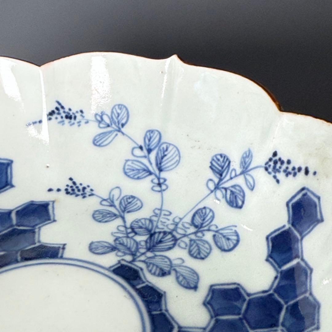 古伊万里　染付　輪花形膾皿　五点　亀甲文　植物文　古器を楽しむ　江戸期　大きめ