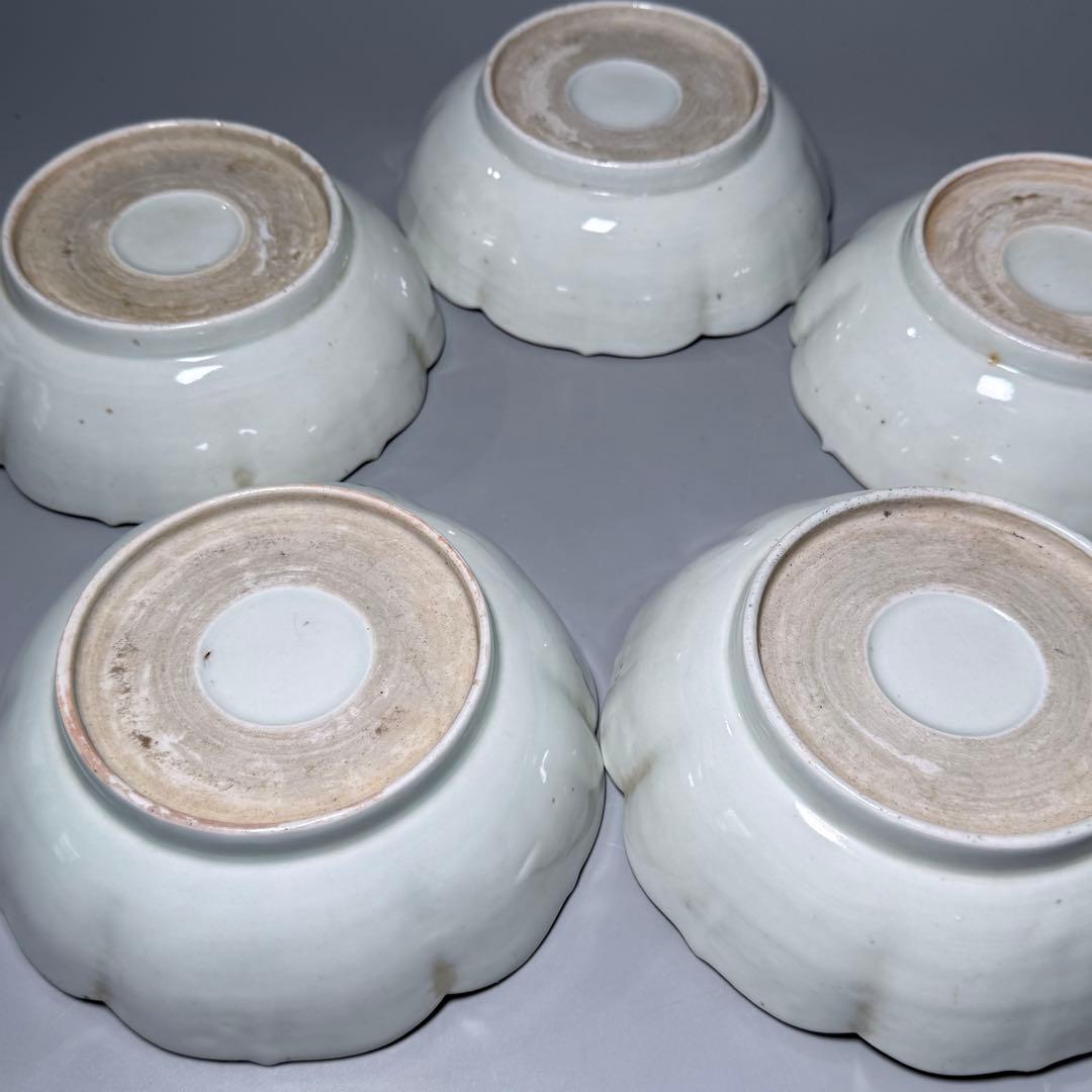 古伊万里　染付　輪花形膾皿　五点　亀甲文　植物文　古器を楽しむ　江戸期　大きめ