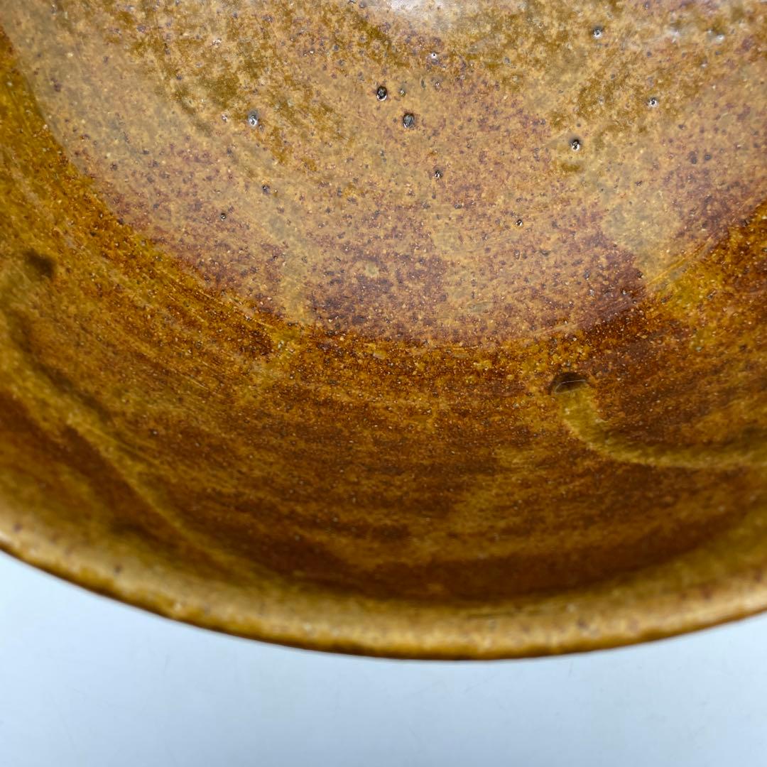 鳥取民藝　中井窯　牛ノ戸焼　波状模様の茶色陶器ボウル　足つき深鉢