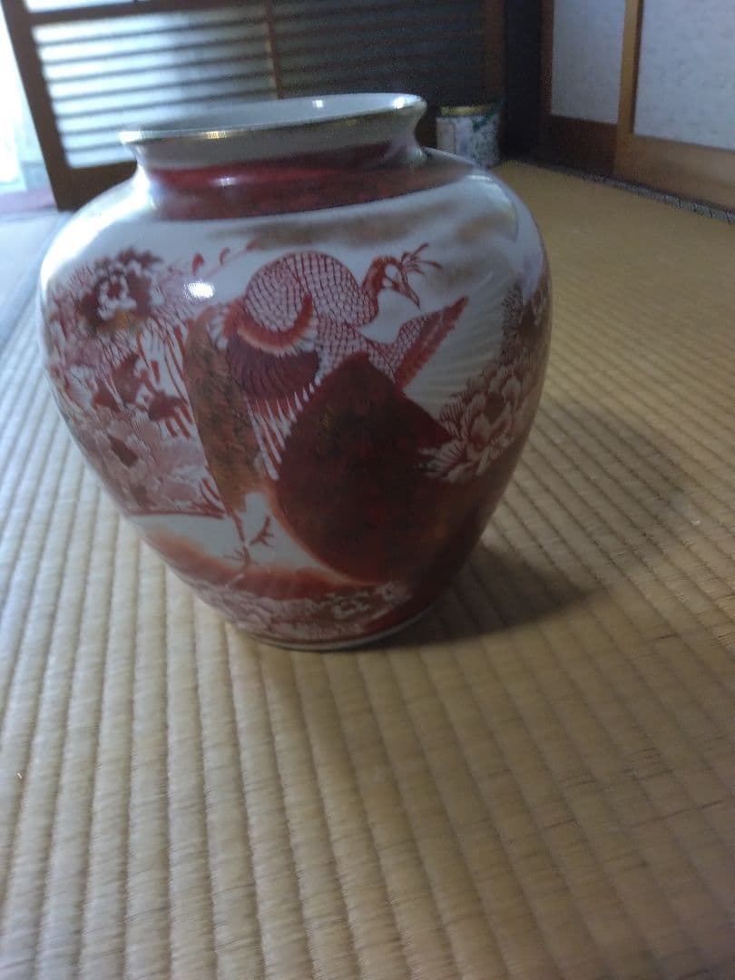 赤絵の花と鳥の水指