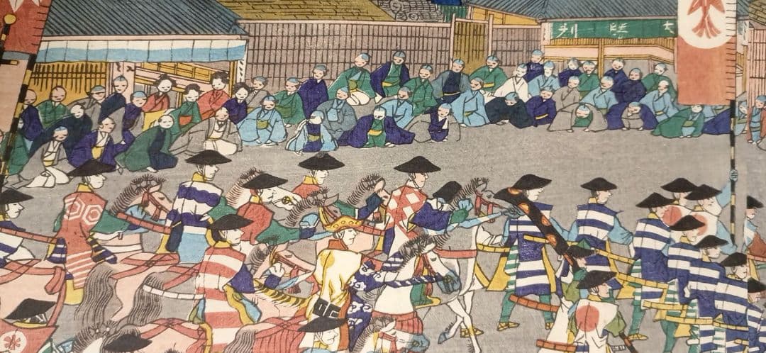 浮世絵版画、頼朝公行列圖三枚綴り、歌川貞秀画、慶応元年5月出版