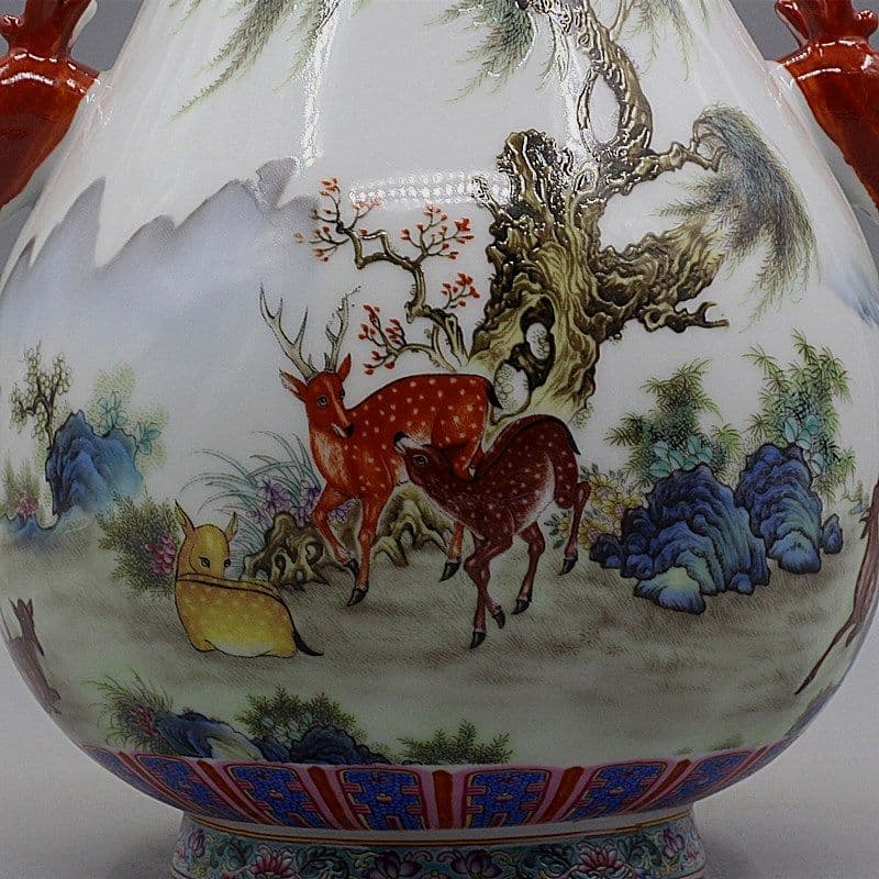 中国美術 両耳鹿頭福筒 開運 風水招財 陶磁器 装飾品 現代工芸品 美術品 置物