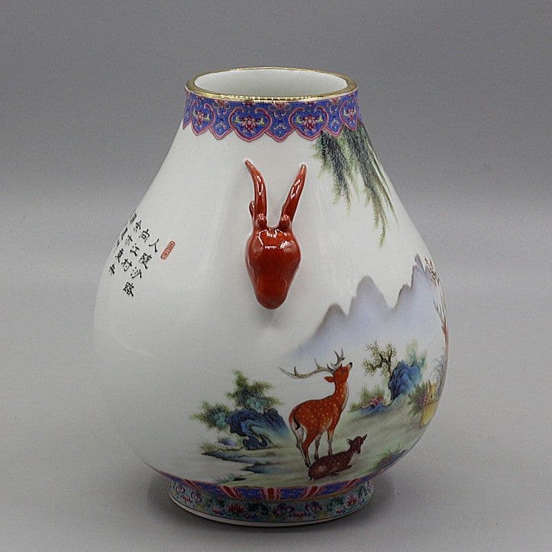 中国美術 両耳鹿頭福筒 開運 風水招財 陶磁器 装飾品 現代工芸品 美術品 置物