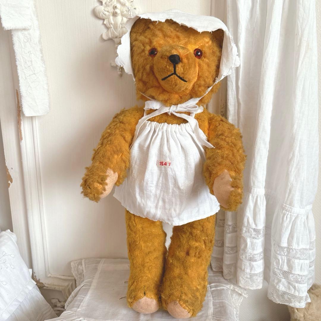 ʕ•ᴥ•ʔ アンティークベア　ドイツ　ボネエプロン付き　アンティークテディベア