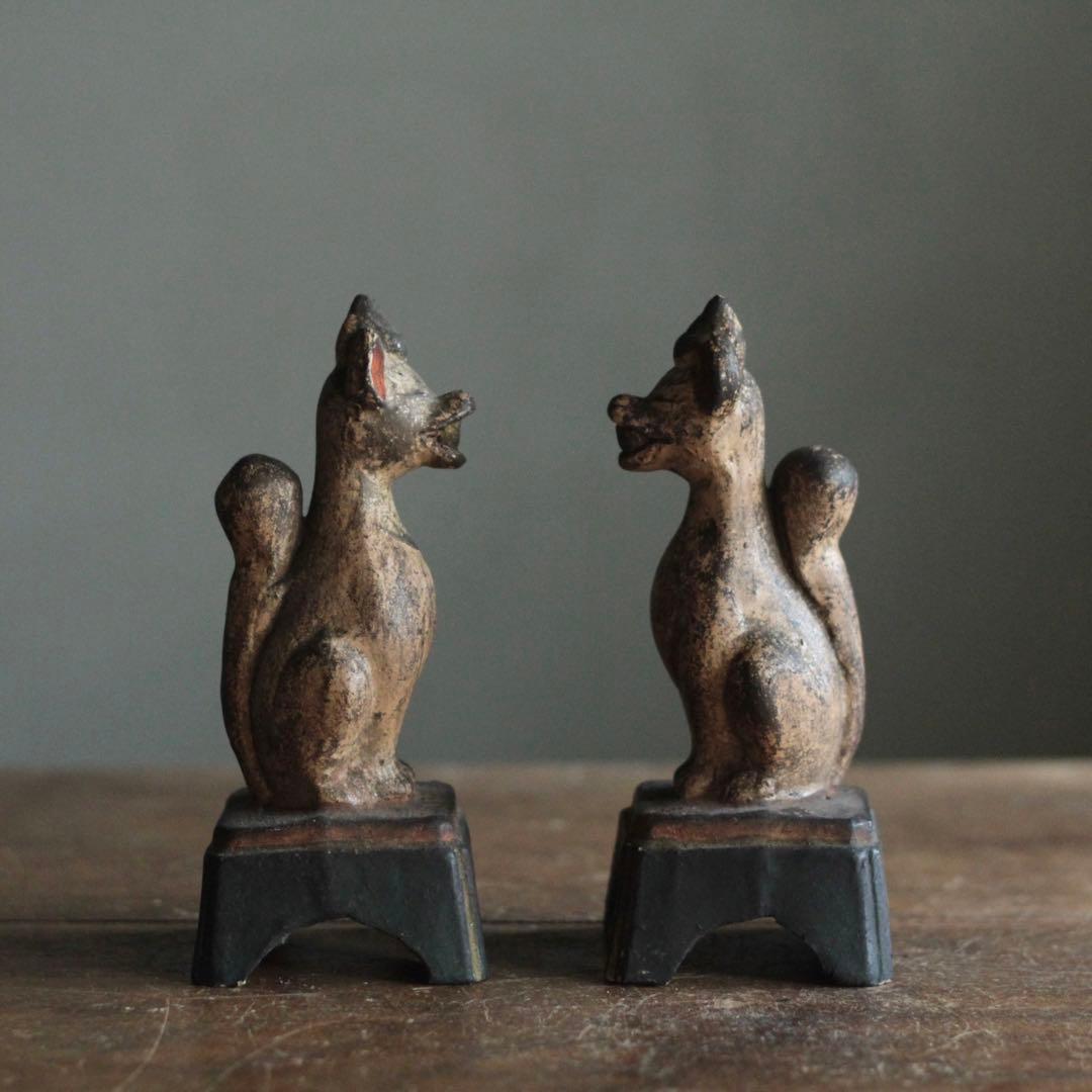 古い 土人形 お稲荷さん 一対 民芸 古道具 アンティーク オブジェ 御狐様