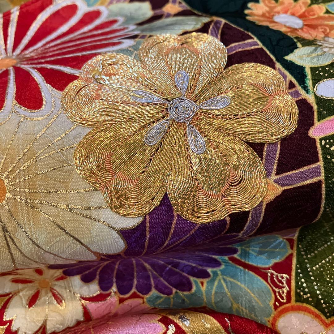 極美品　正絹振袖　袋帯付　抹茶　モスグリーン紫色花柄　金糸刺繍　写真撮影のみ