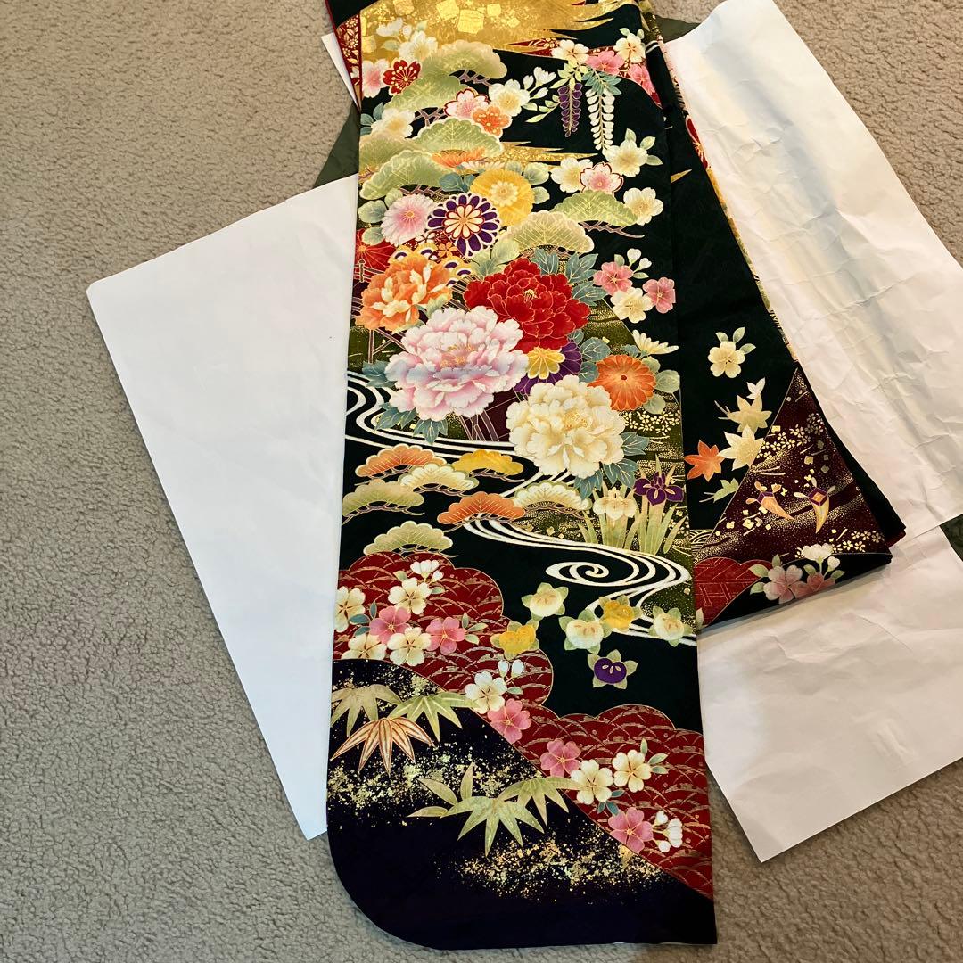 極美品　正絹振袖　袋帯付　抹茶　モスグリーン紫色花柄　金糸刺繍　写真撮影のみ