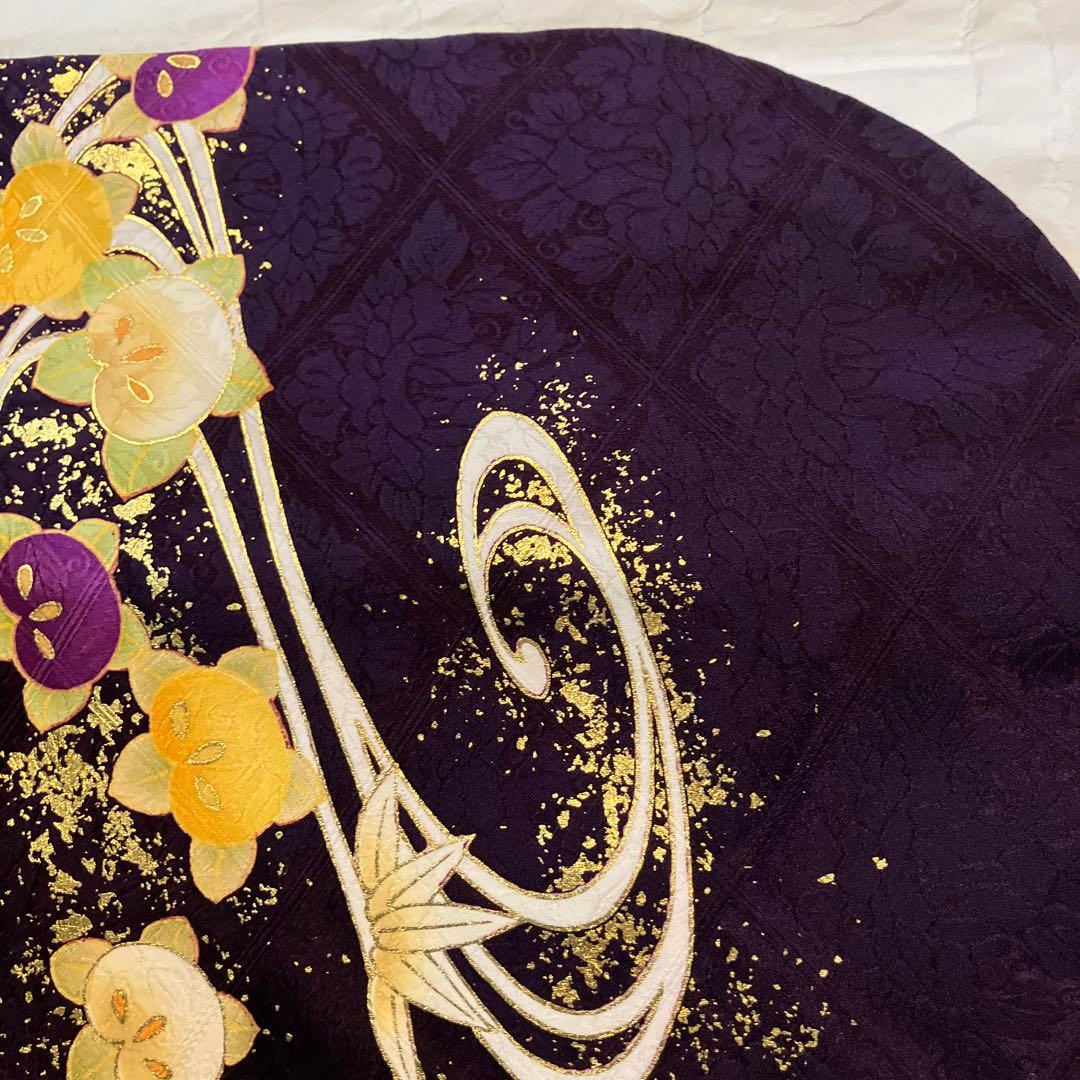 極美品　正絹振袖　袋帯付　抹茶　モスグリーン紫色花柄　金糸刺繍　写真撮影のみ