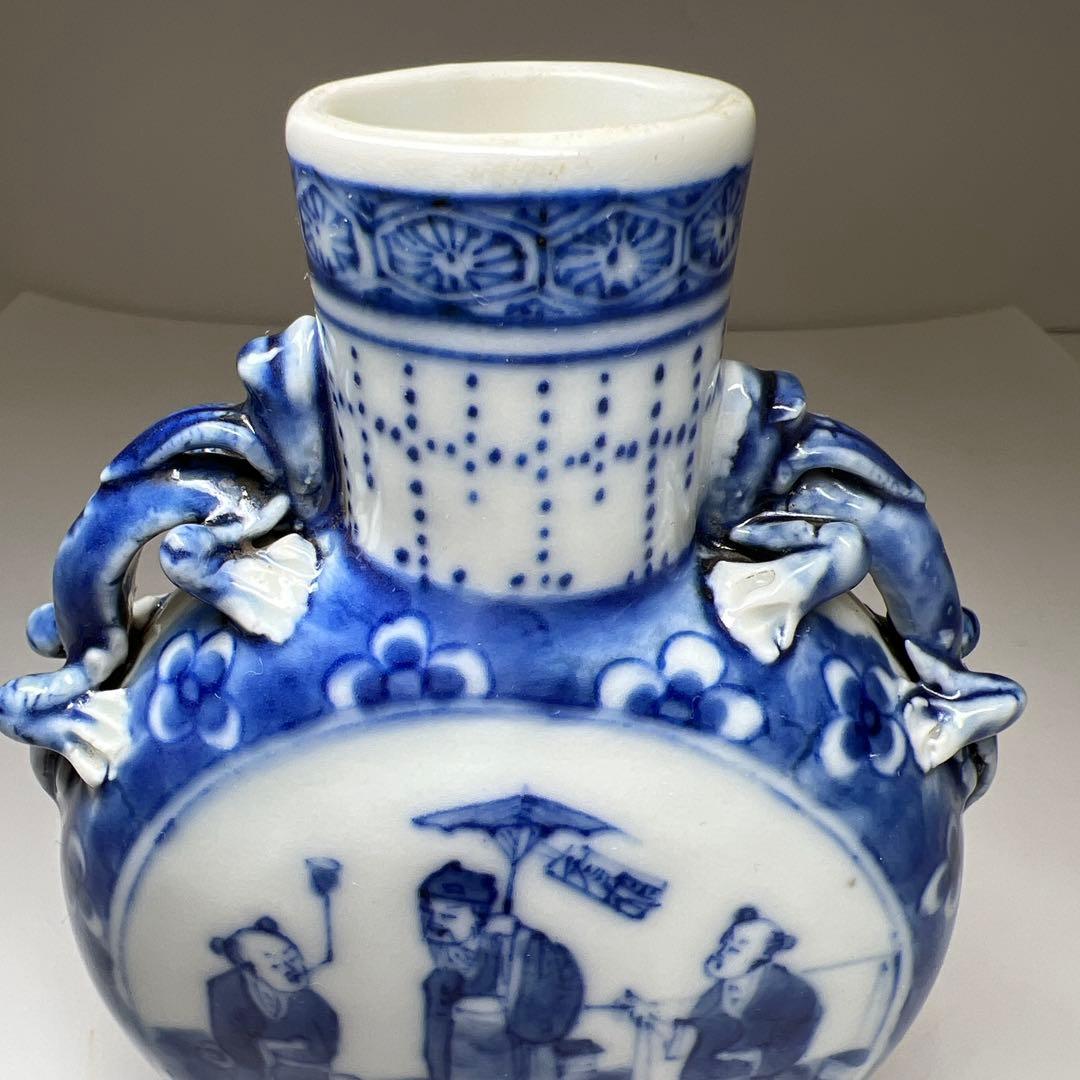 中国清時代　康熙年製　青花龍耳花入　木箱付　高約13.5㎝東Y7-1226☆2F