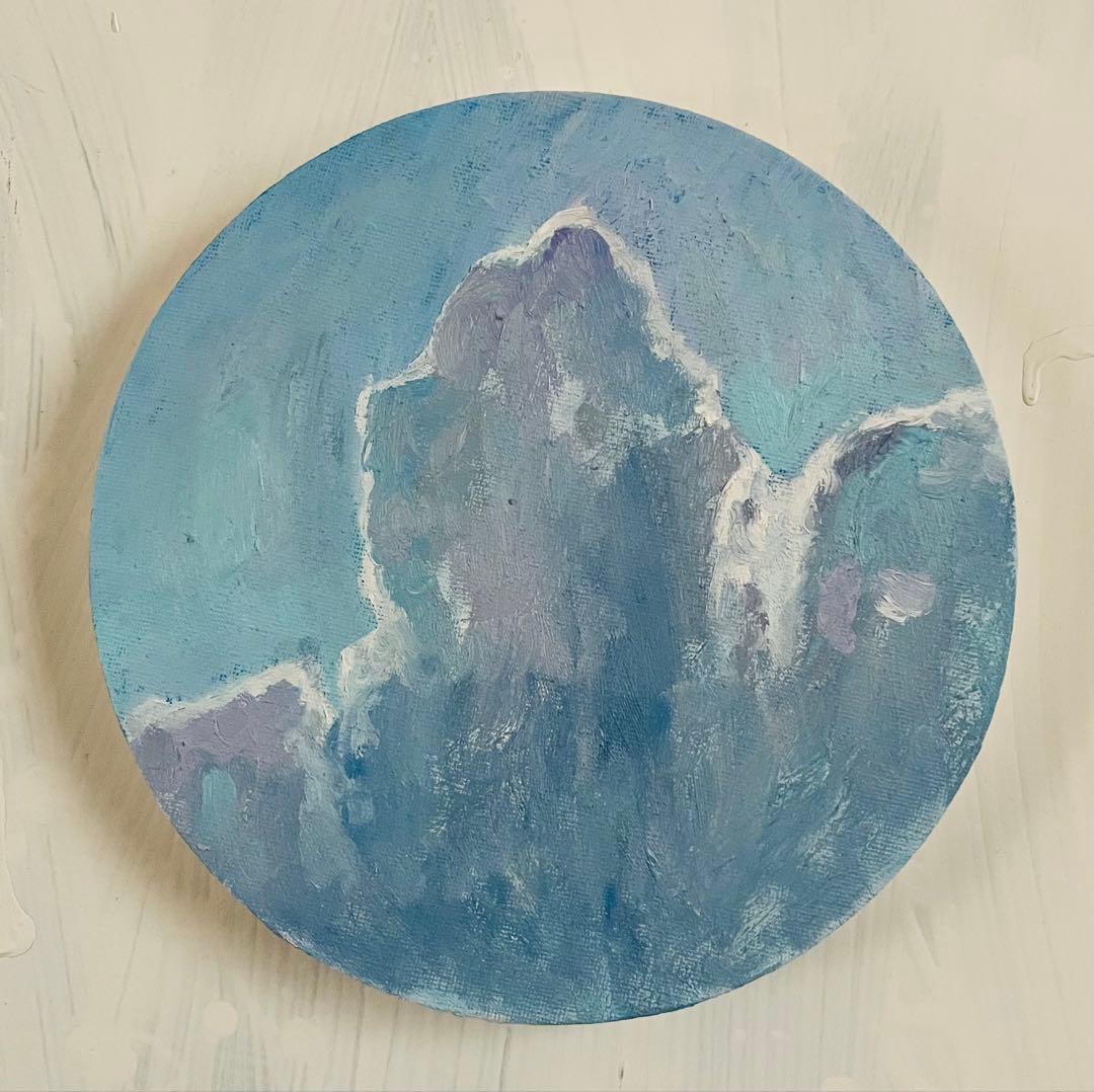 直径20㎝「画家の家の上空4」油彩・絵画・原画・丸形・アートパネル