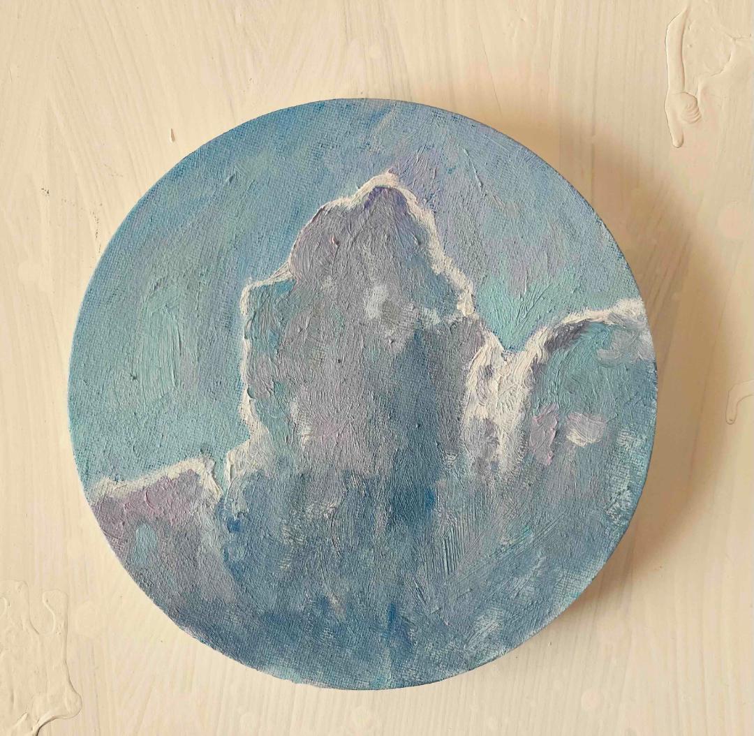 直径20㎝「画家の家の上空4」油彩・絵画・原画・丸形・アートパネル