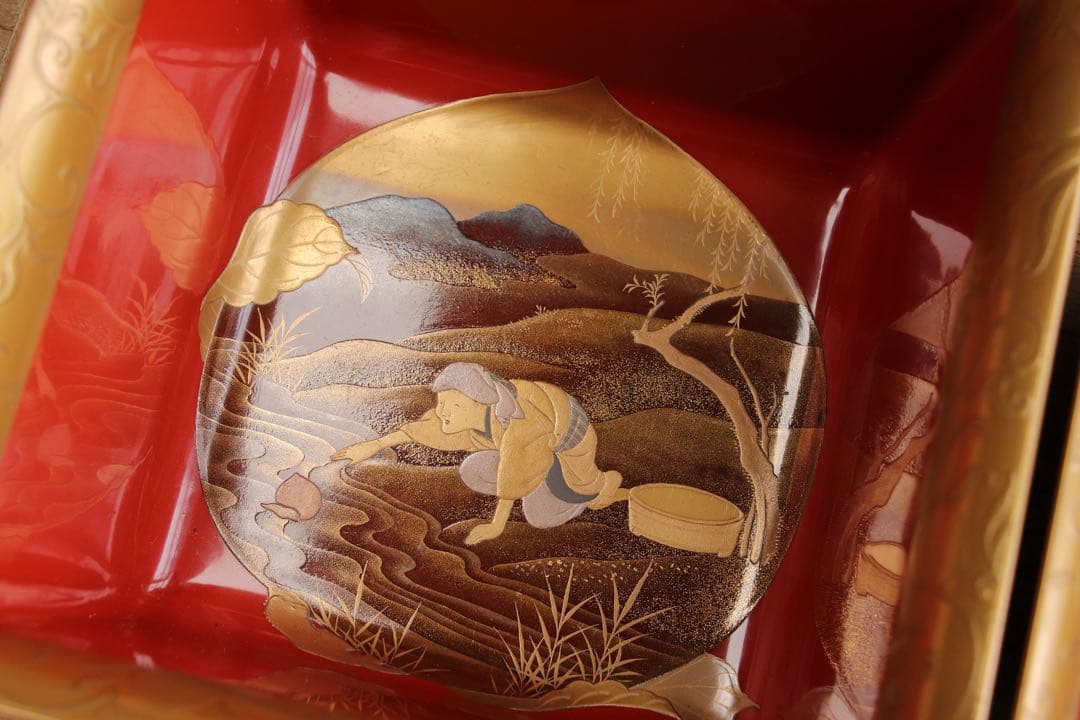 珍品　桃太郎蒔絵　盃洗　杯洗　一対　木箱　金蒔絵　木製漆器　時代物