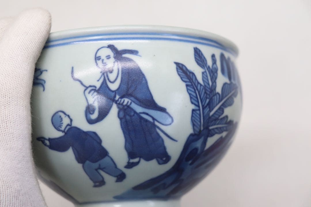 中国　染付　人物紋碗　銘文あり　送料込み250218