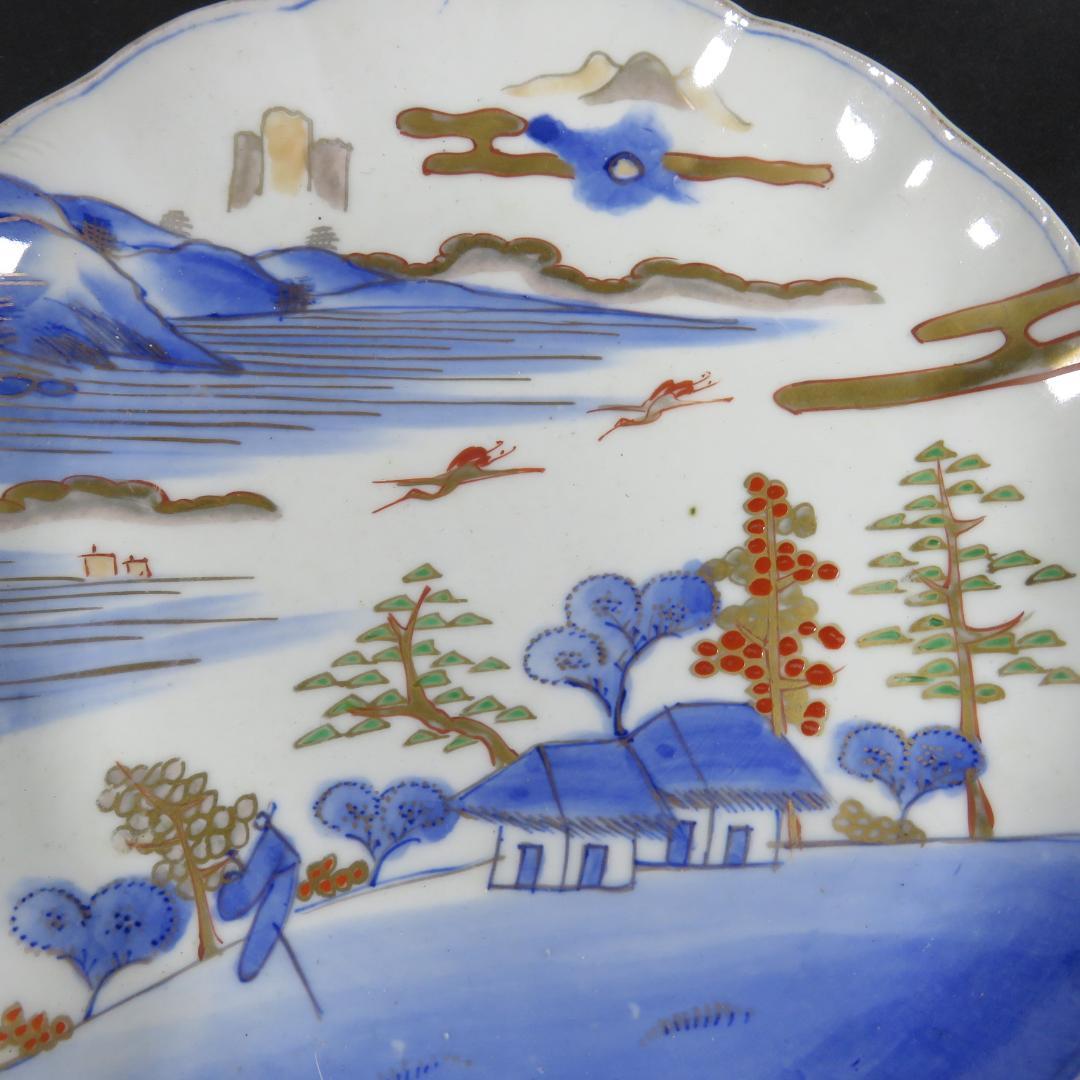 中皿 染付 色絵 風景 山水 古伊万里 銘 富 舟 山 家屋