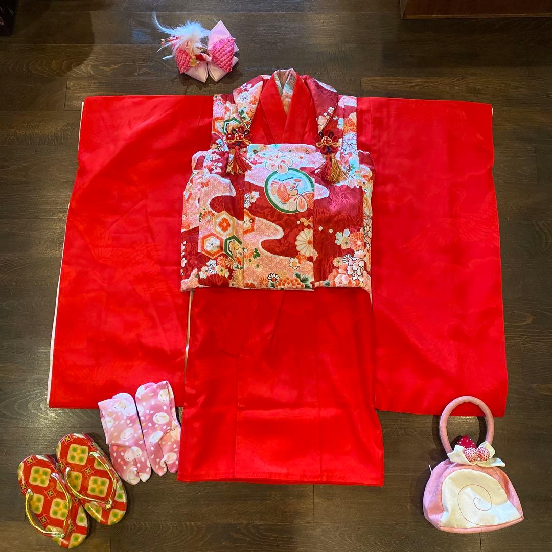 アンティーク 七五三 三歳 着物 被布 小物一式 フルセット 赤 鶴 正絹