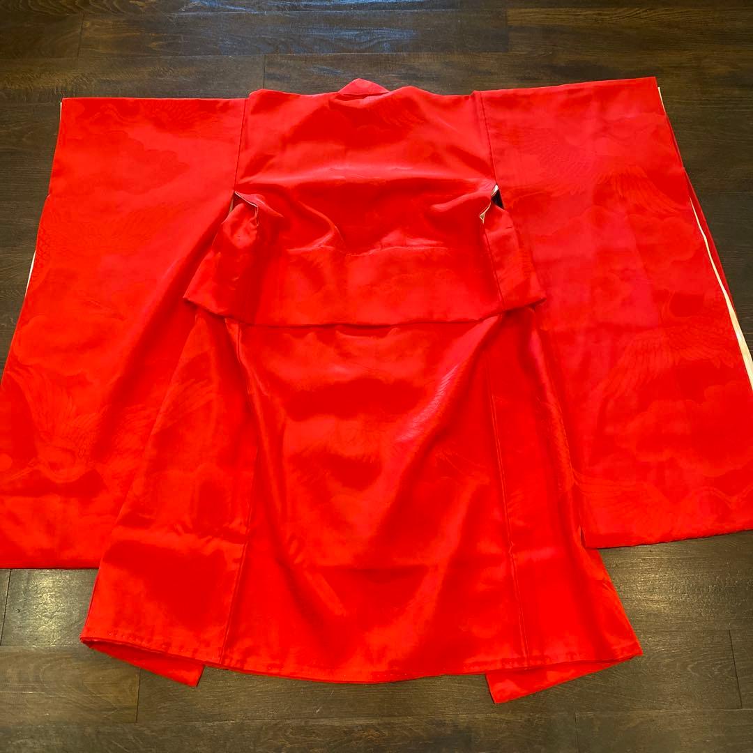 アンティーク 七五三 三歳 着物 被布 小物一式 フルセット 赤 鶴 正絹