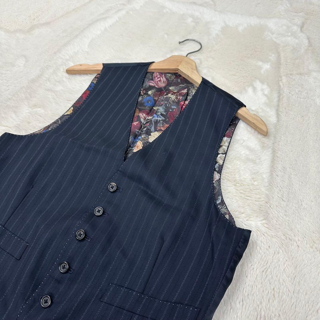 美品✨ポールスミスロンドン 花柄 裏地 シルク混 ストライプベスト ジレ 紺 M