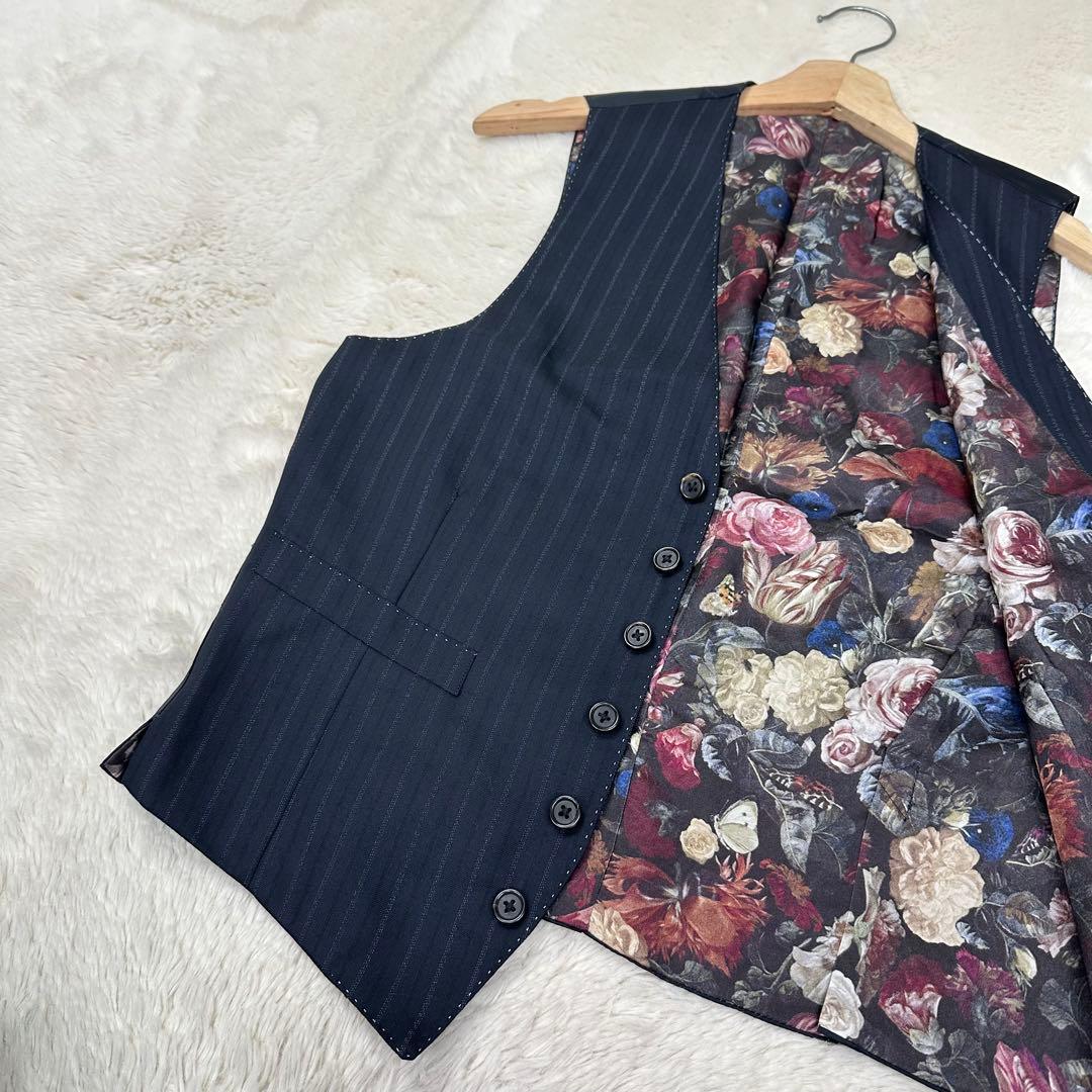 美品✨ポールスミスロンドン 花柄 裏地 シルク混 ストライプベスト ジレ 紺 M