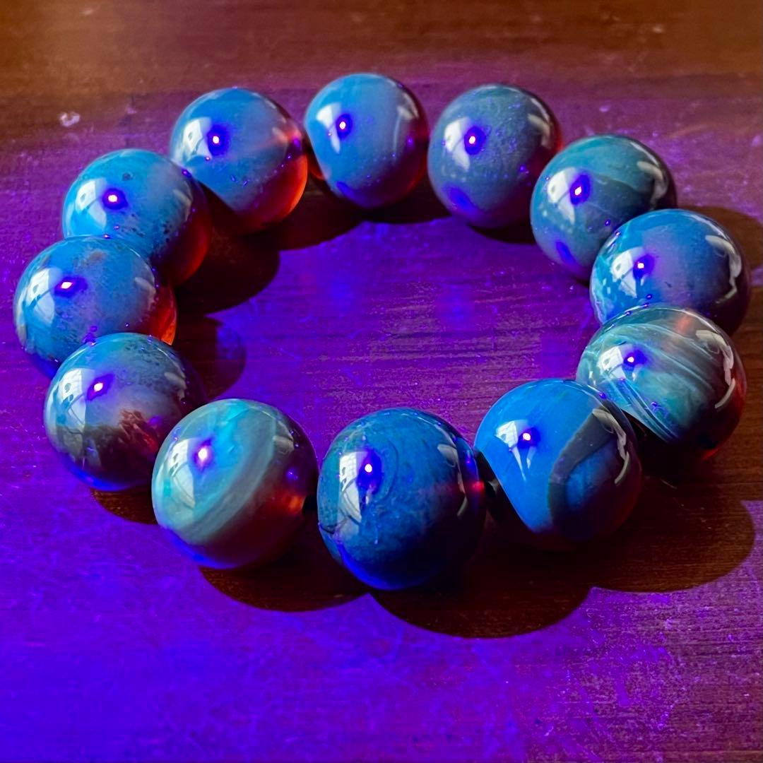 22mm 化石 琥珀 ブルー レッド アンバー 貴重 ブレスレット コレクション