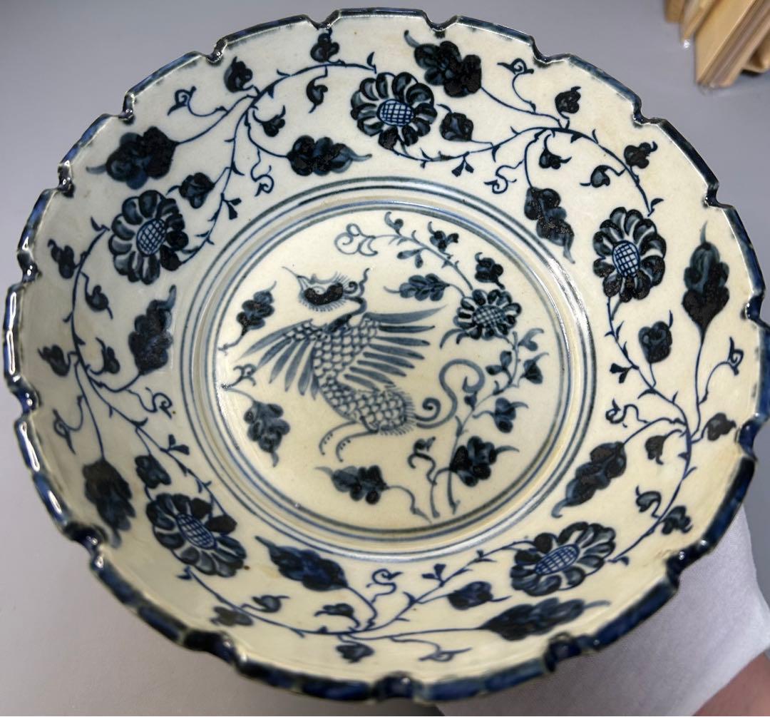 中国古陶器 青花磁器鳳紋 大明正德在銘　旧家蔵出し、古美術、縁起物、一点物ボウル