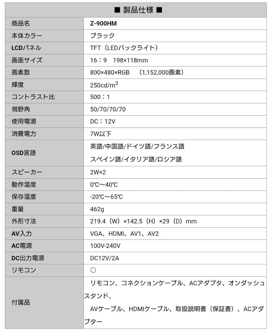 Iteming Z-900HM 9インチTFT LCDモニター　中古品・値下げ可