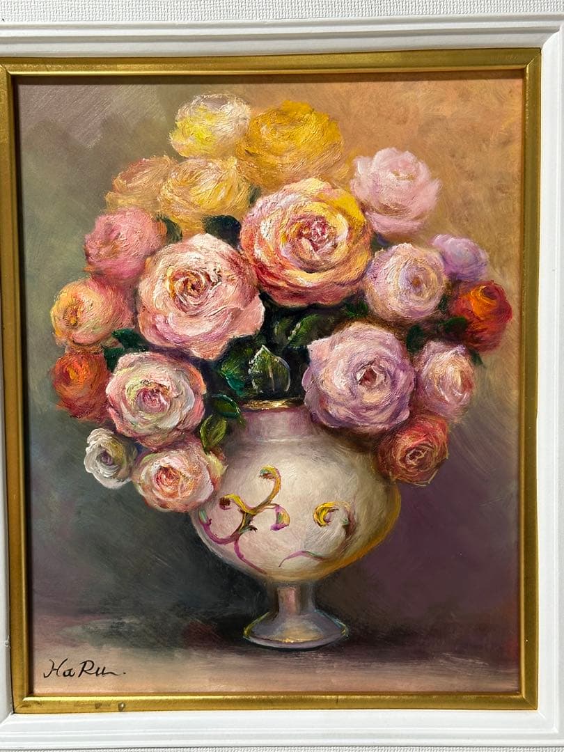 価値ある絵画　絵画のみ　肉筆　油彩画 花瓶のバラ　真作　美術品　インテリア　額縁
