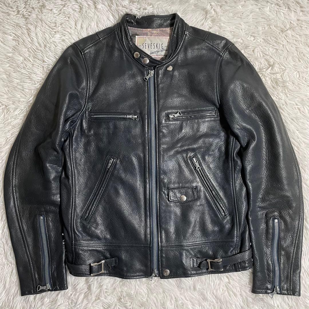 セヴシグ シングルライダースジャケット レザージャケット 裏地総柄