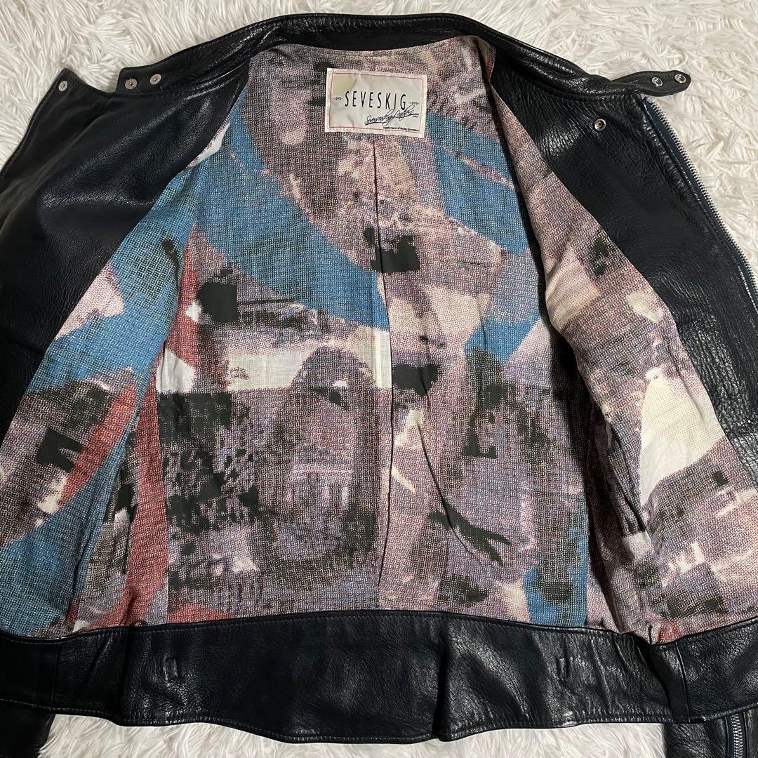 セヴシグ シングルライダースジャケット レザージャケット 裏地総柄
