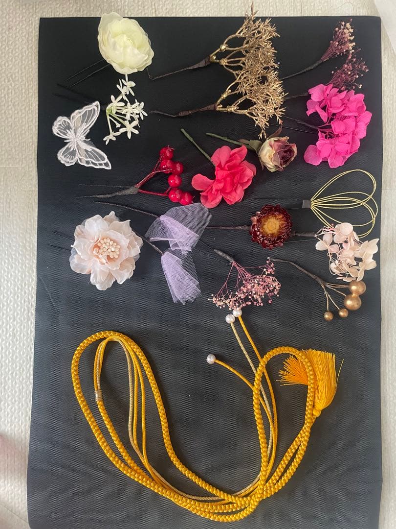 花柄バッグと草履、髪飾りセット