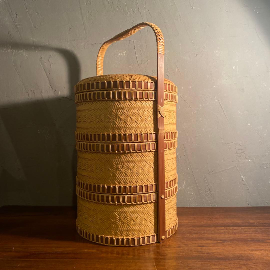 時代物 竹製 三段弁当箱 ランチボックス 手編み 美品 稀少 ピクニック