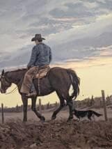 【真作】絵画　油彩　夕暮れのカウボーイと馬　牧場風景　ウエスタンアート　Y183