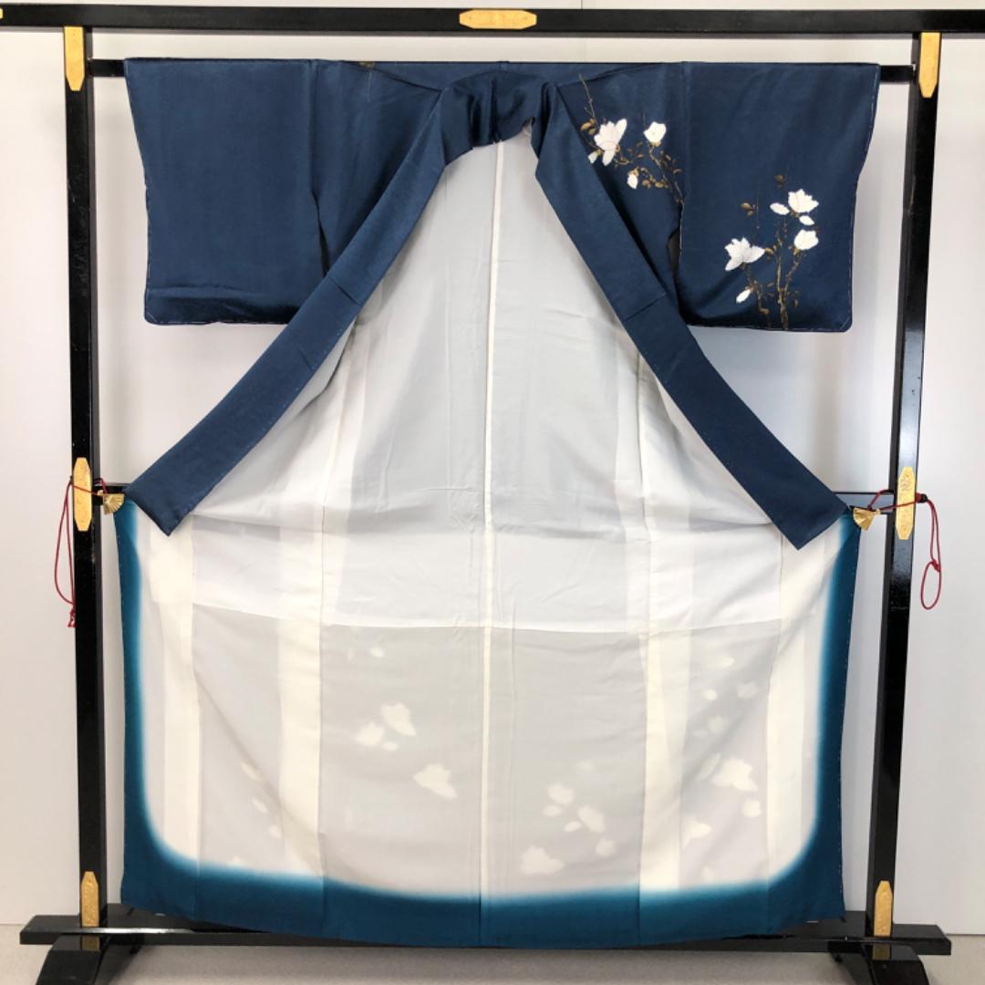 付下げ 白い花模様 絞り 手描き 伯林青色 しつけ糸 K-5046