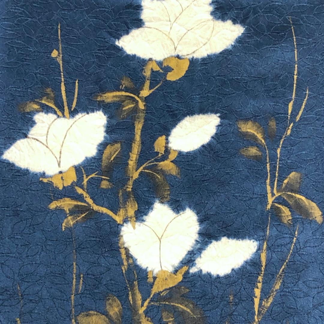 付下げ 白い花模様 絞り 手描き 伯林青色 しつけ糸 K-5046